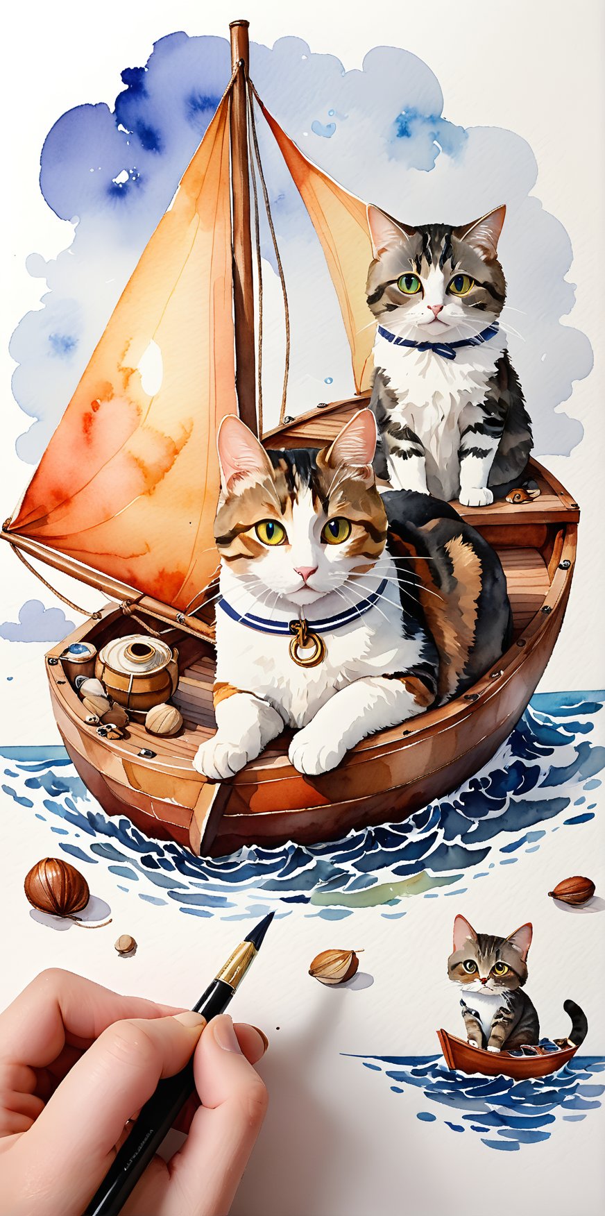 a giant nutshell boat with a cat dressed as sailor on it, watercolor, masterpiece, intricate details