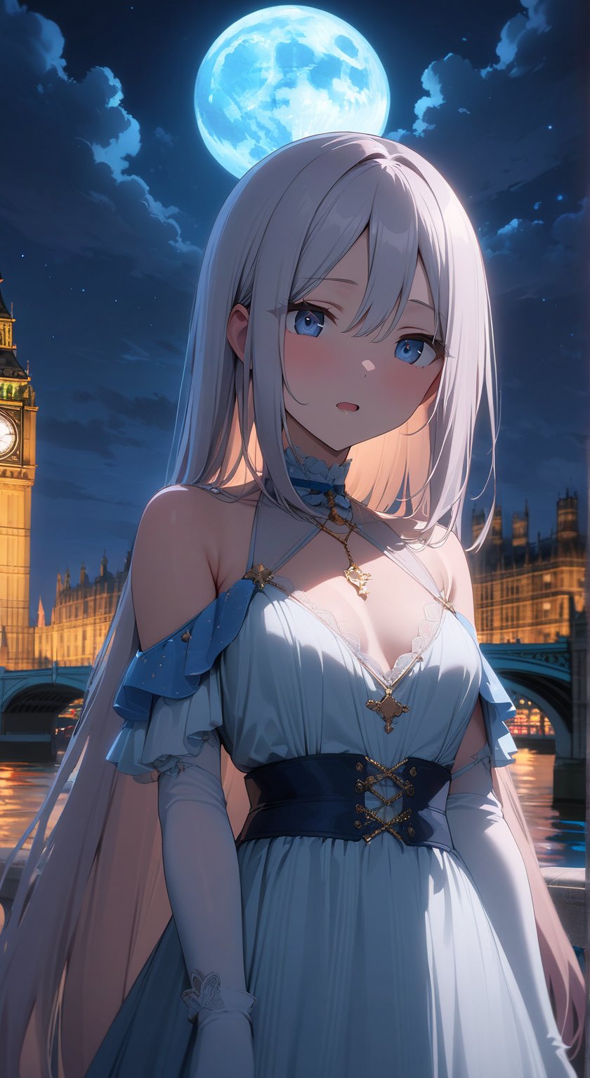 (masterpiece), best quality, expressive eyes, perfect face 8K, highres, high_resolution, perfect scale, kanade, very long hair, white hair, blue eyes, white gloves, royal grey dress, open shoulders, london, big ben tower, night, moon, blue moon, stars, clouds, river