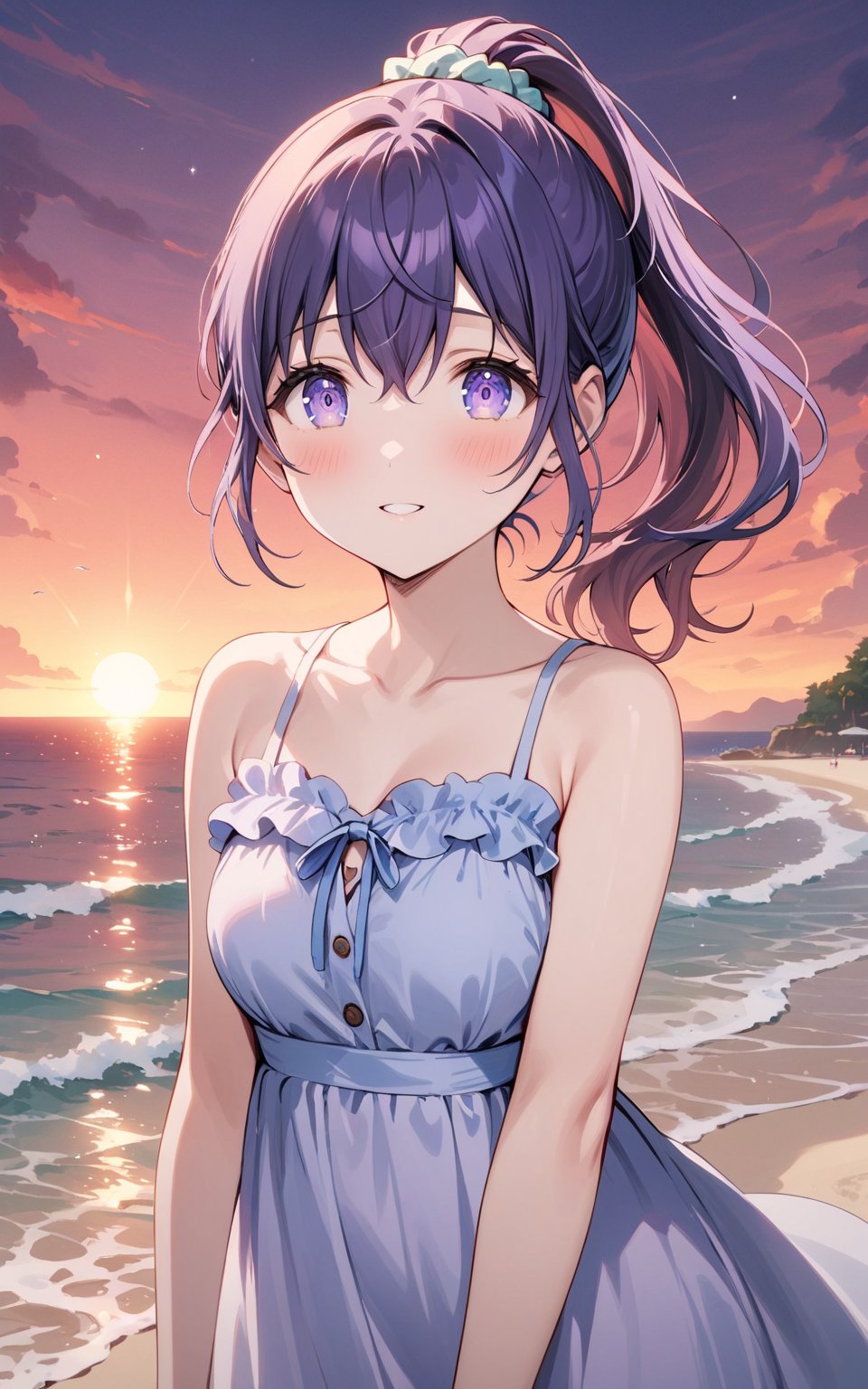 (masterpiece), best quality, expressive eyes, perfect face 8K, highres, high_resolution, perfect scale, ponytail, high ponytail, scrunchie, summer dress, locksides, between eyes, beach, sunset, red sky, sun, glitter on the sea. Mafuyu, light_purple_eyes, :)