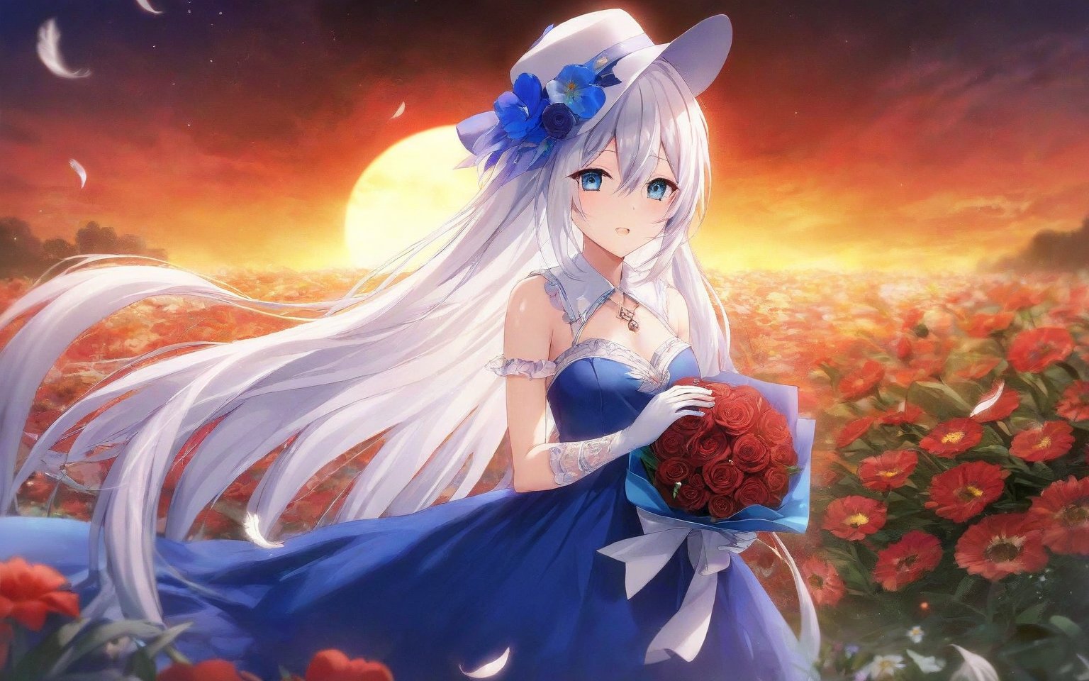 (masterpiece), best quality, expressive eyes, perfect face 8K, highres, high_resolution, perfect scale, kanade, long hair, white hair, blue eyes, blue short dress, white gloves, headwear, feather accesories, the yard, flowers bed, redsun. in the evening, holding a bouquet