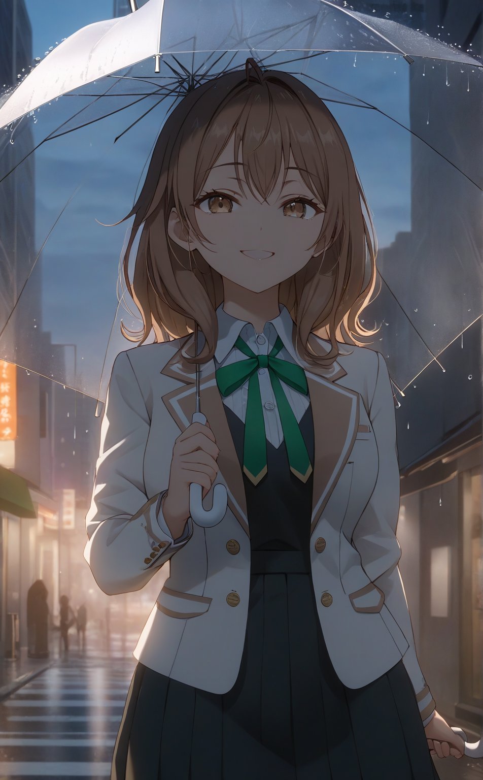 best quality, (masterpiece), high_res, 8K, gradient, lighting. brown hair, brown eyes, white shirt, green neck ribbon, white blazer, black skirt with white stripe at below, it drizzling, holding umbrella, at the street, the city as a background, masha_ane, smilling