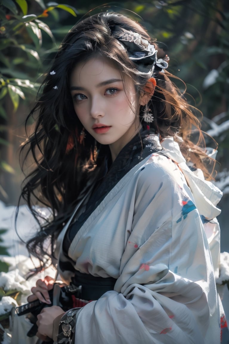 1girl,Sweet,Kawaii,Looks at viewerlarge breasts,The background is winter,snowy garden, Female Samurai, Holding a Japanese Sword, shining bracelet,beautiful hanfu, beautiful and detailed eyes}, calm expression, natural and soft light, delicate facial features,Best Quality, photorealistic, ultra-detailed, finely detailed, high resolution, perfect dynamic composition, beautiful detailed eyes, Japanese Samurai Sword (Katana),BJ_Oil_painting