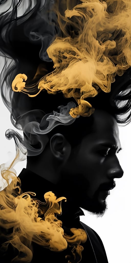 Photography: A man dressed in black and white attire, surrounded by swirling golden ink resembling smoke. His head tilts backward, creating an ethereal atmosphere, while his face reflects intense emotions of pain or sorrow, enhancing his mysterious allure.