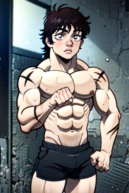 solo, 1boy, monochrome, greyscale, male focus, shorts, muscular, scar, parody, abs, veins, topless male, manly, stitches, dio brando, jonathan joestar,Bakihanma,