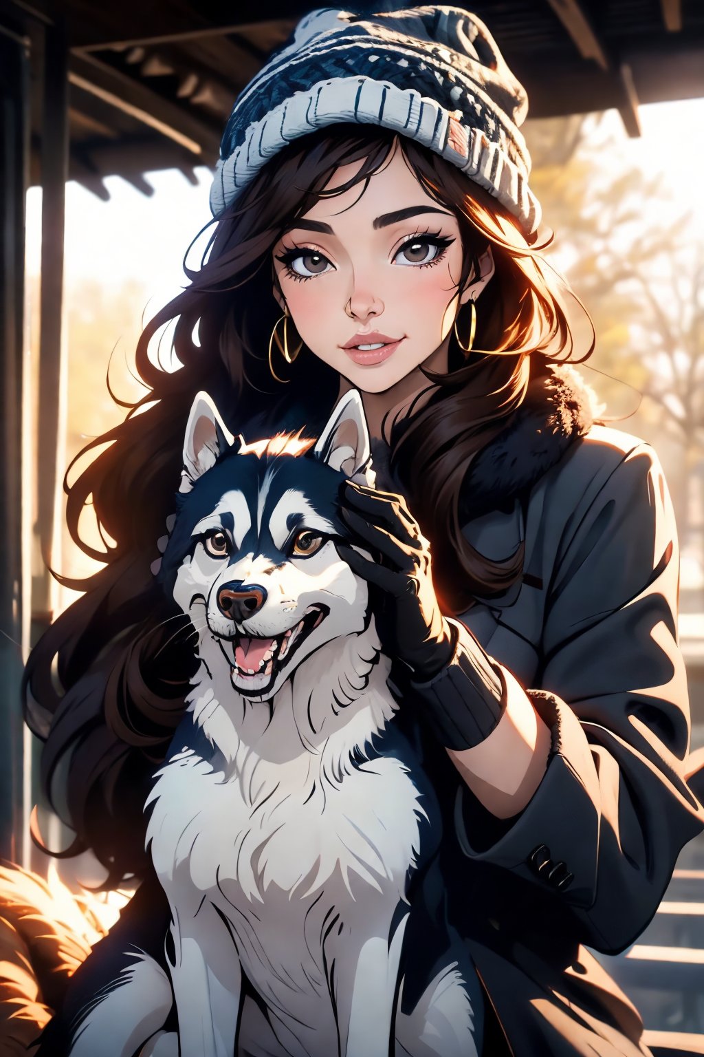 smile,beautiful woman,heavy winter coat,a woolly hat,gloves,holding a snow-white husky,whose fur gleams pristine in the winter sunlight,The woman's demeanor exudes gentleness and affection,a serene winter street,trees lining the sides covered in white snow,warmth and happiness,photo r3alm,Extremely Realistic, brown_eyes,Bakihanma,midjourney