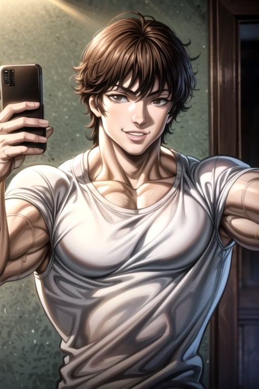 solo, smile, brown hair, shirt, black hair, 1boy, brown eyes, upper body, male focus, black shirt, muscular, pectorals, selfie,Bakihanma