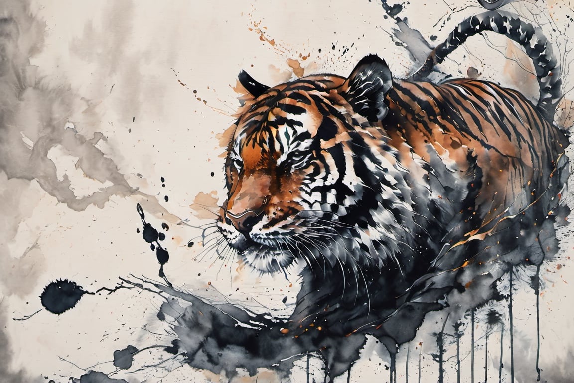 Tiger, monochrome, weapon, grayscale, ink, Chinese ink painting, smoke