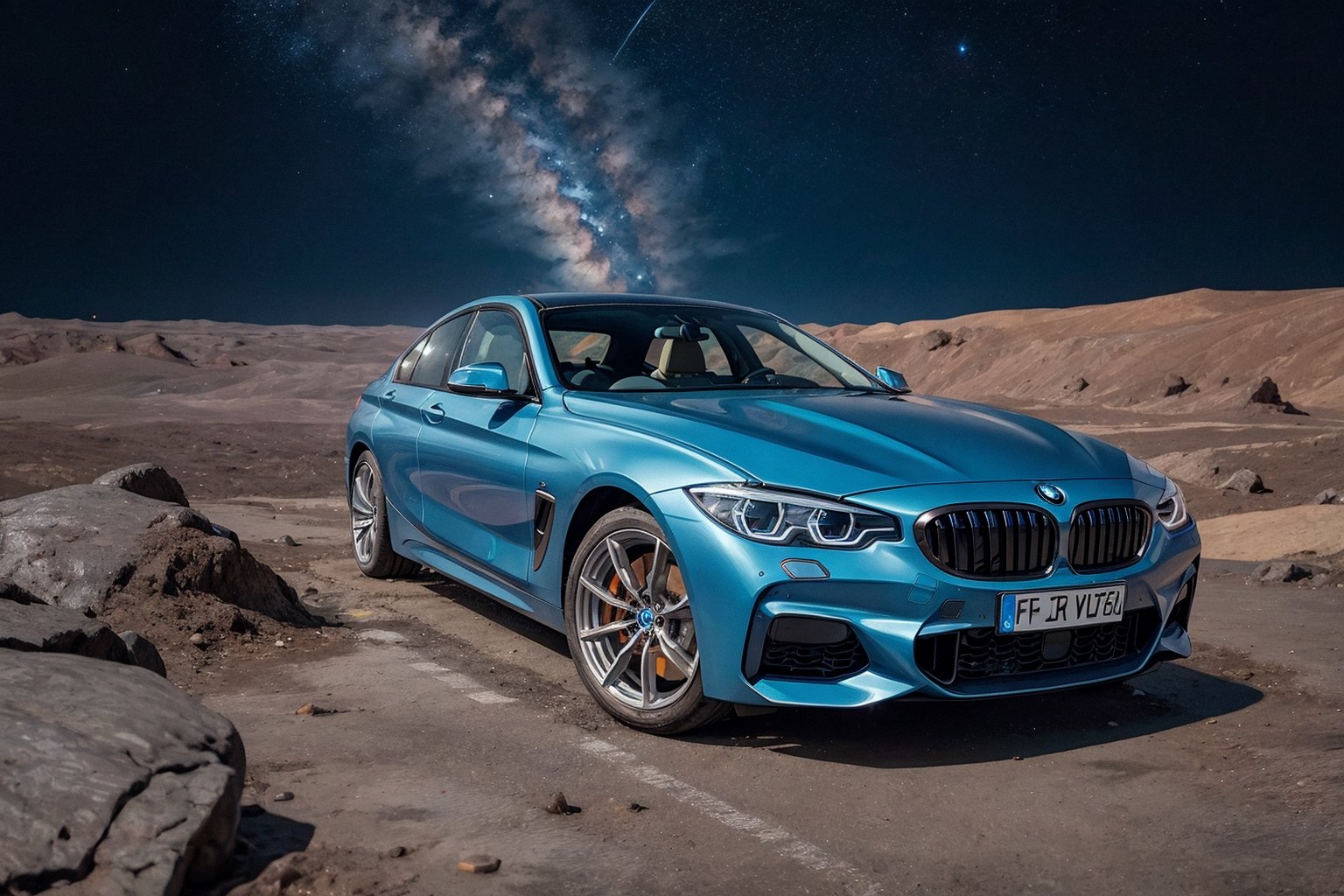 BMW, with its headlights shining brightly, is parked alone on the desolate surface of a lunar crater, a masterpiece showcasing exceptionally intricate vehicle details. Selective focus photography technique is employed, capturing the scene devoid of human presence against a black backdrop. It's nighttime, with illumination visible, and in the distance, the entire Milky Way galaxy stretches across the sky, with Earth shining in its midst.