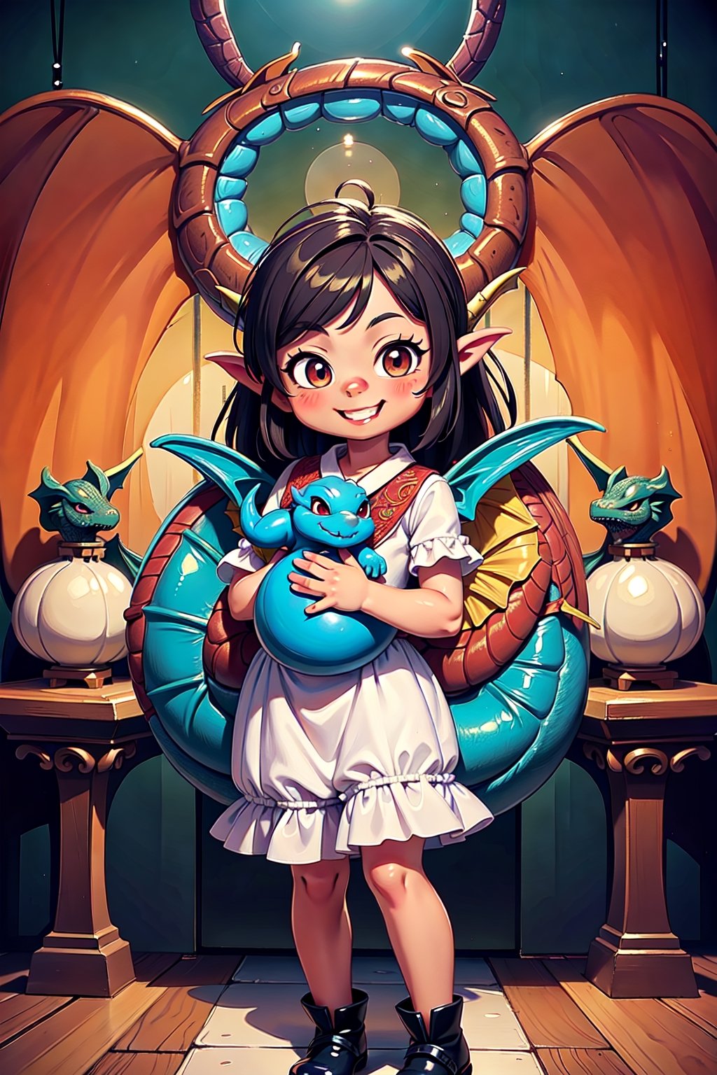 best quality, masterpiece, beautiful and aesthetic, vibrant color, Exquisite details and textures,  Warm tone, ultra realistic illustration,	(cute Latino girl, 9year old:1.5),	(Dancing battle theme:1.2),	(holding a dragon doll:1.4), (a fancy dragon decoration:1.6),	cute eyes, big eyes,	(a gentle smile:1.5),	16K, (HDR:1.4), high contrast, bokeh:1.2, lens flare,	siena natural ratio, children's body, anime style, 	head to toe,	Light Brown ponytail hairstyle,	a white knitted dress a scarf and a beret, winter boots, 	ultra hd, realistic, vivid colors, highly detailed, UHD drawing, perfect composition, beautiful detailed intricate insanely detailed octane render trending on artstation, 8k artistic photography, photorealistic concept art, soft natural volumetric cinematic perfect light. 