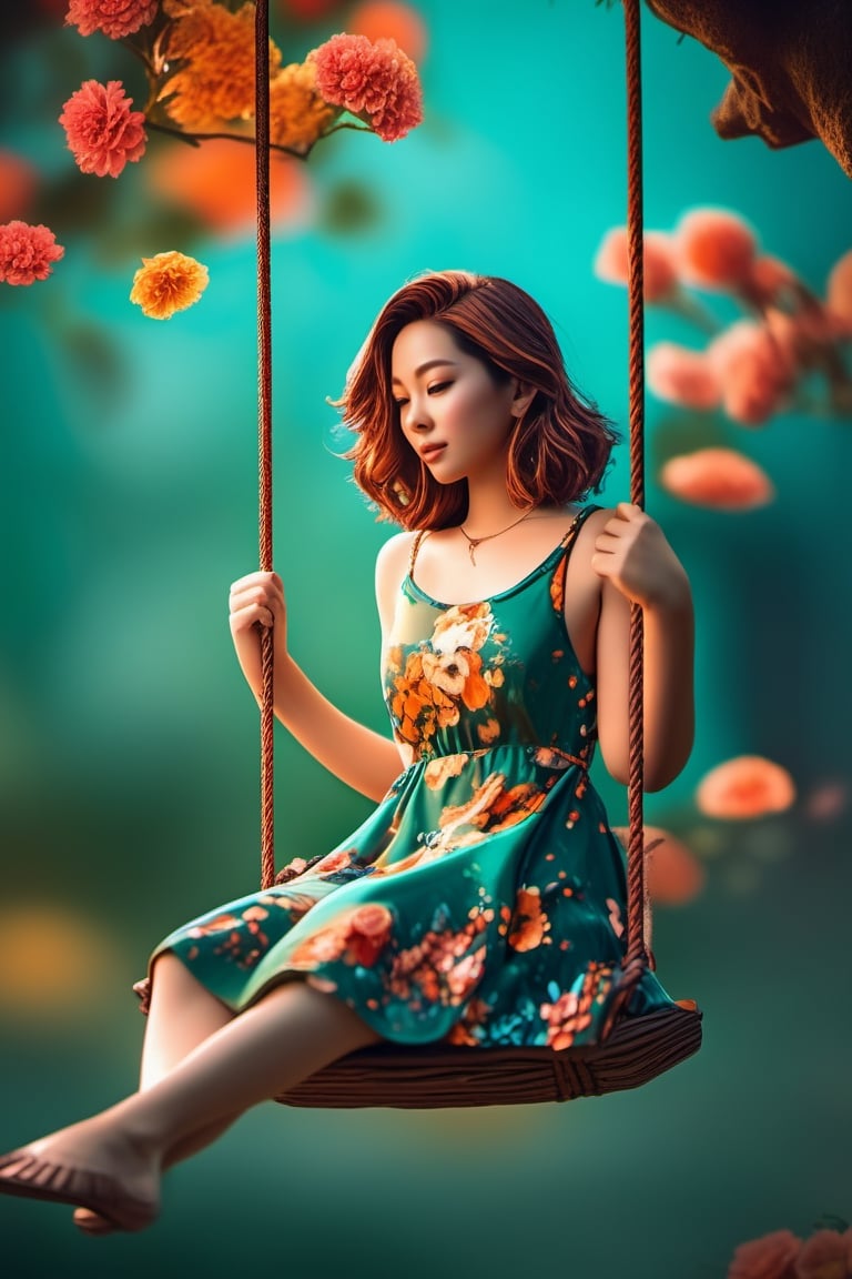 So beautiful woman,swinging on swing,girl weared  flower dress, colorful, darl background,flower armor,green theme,exposure blend, medium shot, bokeh, (hdr:1.4), high contrast, (cinematic, teal and orange:0.85), (muted colors, dim colors, soothing tones:1.3), low saturation
