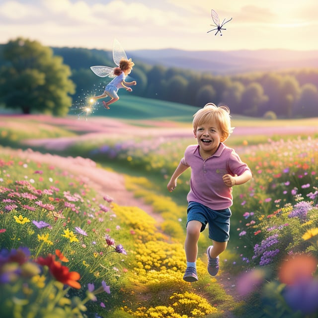 A young child, gleefully chasing a luminous pixie, darting playfully through a vibrant, sunlit flower field, with a wide-angle shot capturing the dynamic interaction and the expansive, colorful landscape.