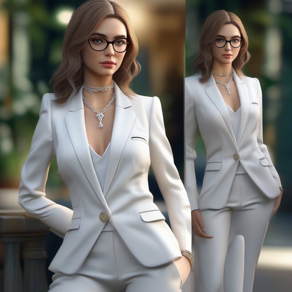 masterpiece, best quality, 3D rendering, 3DMM style, Close-up, sportrait, 3D, 1girll, looking forward, looking like that campursari, blonde  smile, wear glasses, Solo, （Brunette long hair 3.2）, necklace, freckle, jewelry, Look at the camera realistically, full body, (White suit 1.2) With plain background and white, edges, looking away, short hair, parted lips, green eyes, necklace, make-up
BİLGİ white suit ,detailed eyes, sharp-focus, complicated_background,detailed  realistically photo,  