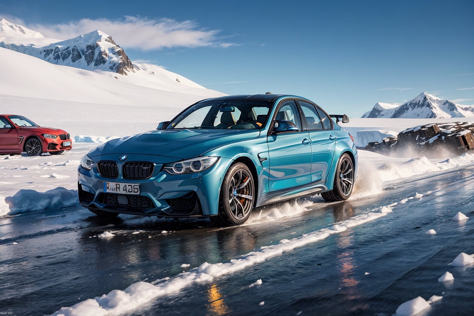 dark green BMW M3 , Racing through the polar wilderness of Antarctica, vehicles skidding on treacherous terrain, navigating perilous conditions, a masterpiece, showcasing exceptionally intricate vehicle details, with wet ground and a selective focus photography technique,Masterpiece