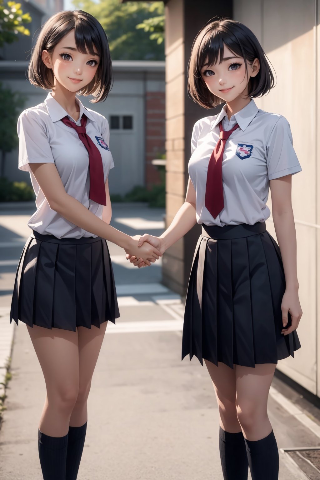 (masterpiece, best quality:1.2), multiple girls, 2girls, smile, handshake, school uniform, black serafuku, lyco:concept_handshake-11:1.0,handshake