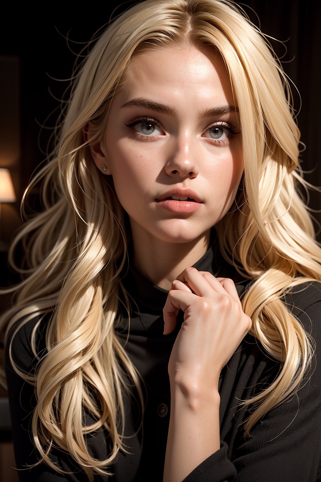 super cute blond woman in a dark theme