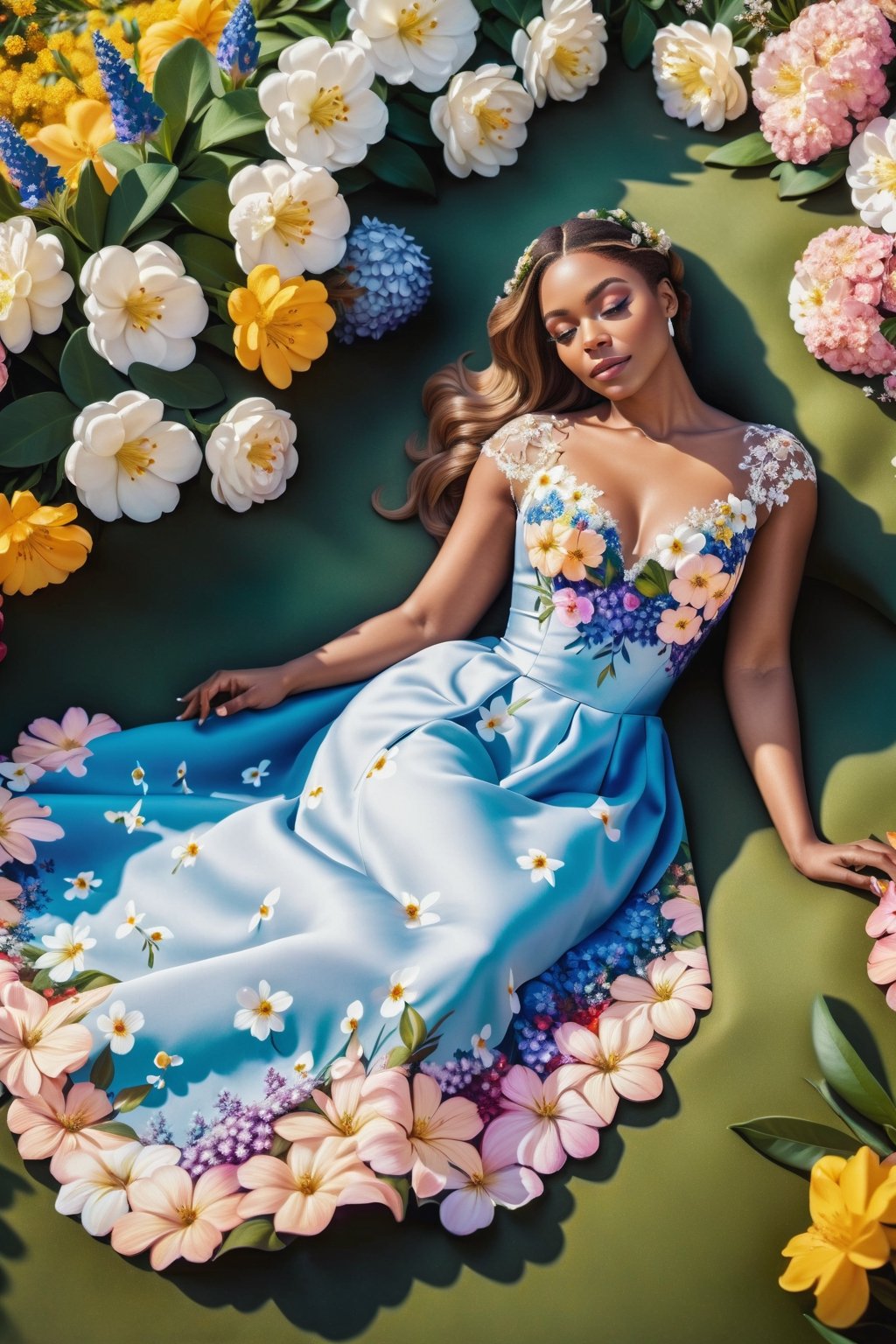 a beautiful woman, laying in flowers, wearing dress, surrounded by flowers, pretty, vibrant, full-body_portrait, full body portrait, detailed face, masterpiece, scenic, eye pleasing, beauty, photograph style, realistic ,Extremely Realistic,portraitart,portrait art style, (((photo taken from a drone))) 