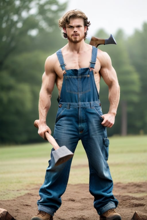 solo, standing, male focus, outdoors, overalls, axe, crazy,