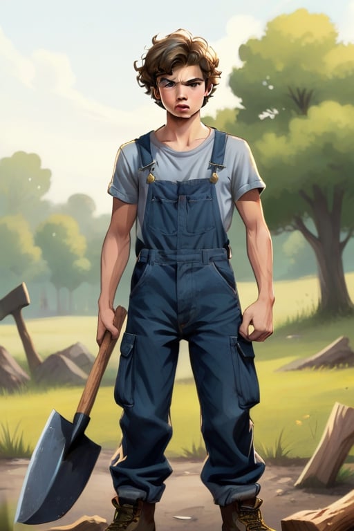 solo, 1boy, standing, male focus, outdoors, overalls, using axe, crazy