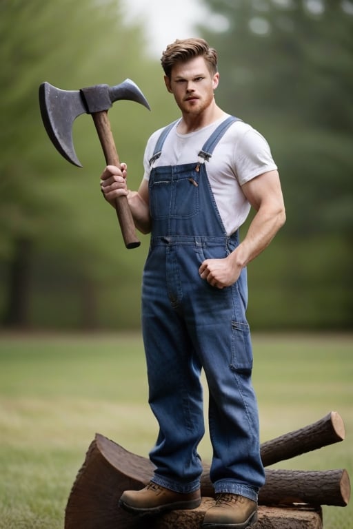 solo, standing, male focus, outdoors, overalls, axe, crazy,