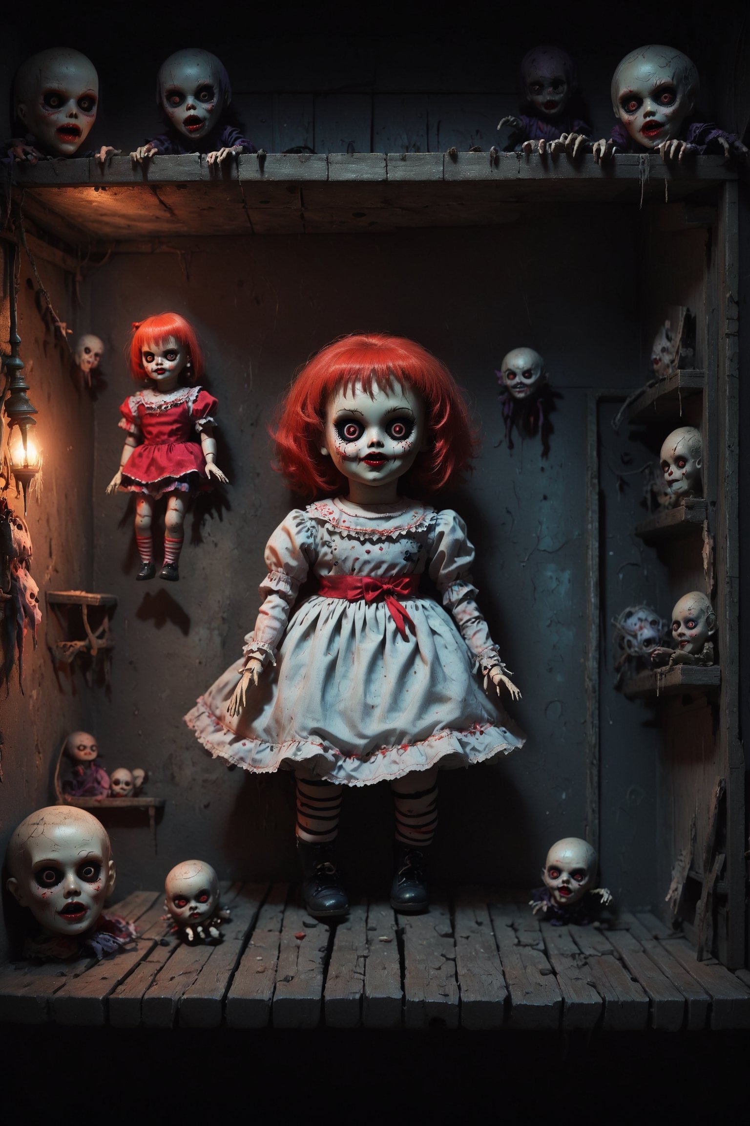 Horror Creepy retro Doll  in a Basement On a shelf 