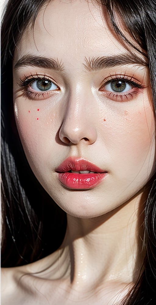 woman, beautiful face, perfect face, colorful eyes fully black hair, pale white skin, sexy marks, perfect, fully white abstract background, shiny red accessories, best quality, clear texture, details, canon eos 80d photo, light makeup