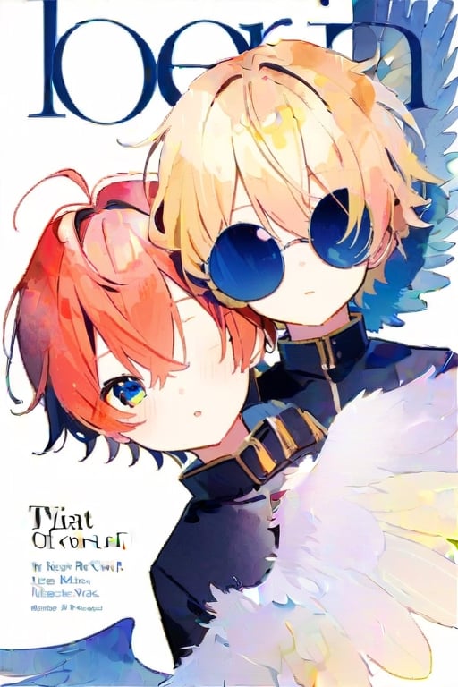 2cute boys,wings,best quality,magazine cover,white backgound,watercolor,Hair over eyes