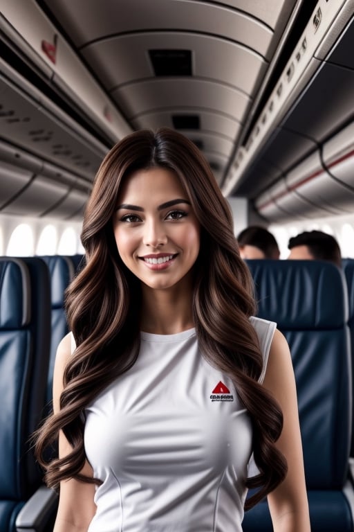 photo of red lion air uniform, solo focus, masterpiece, standing, smiling, twin drills hair style, her hand on hips, posing for a photo,  (detailed face), simple white background, medium shot , gigantic breast,Extremely Realistic,inside airplane,Realistic,<lora:659111690174031528:1.0>