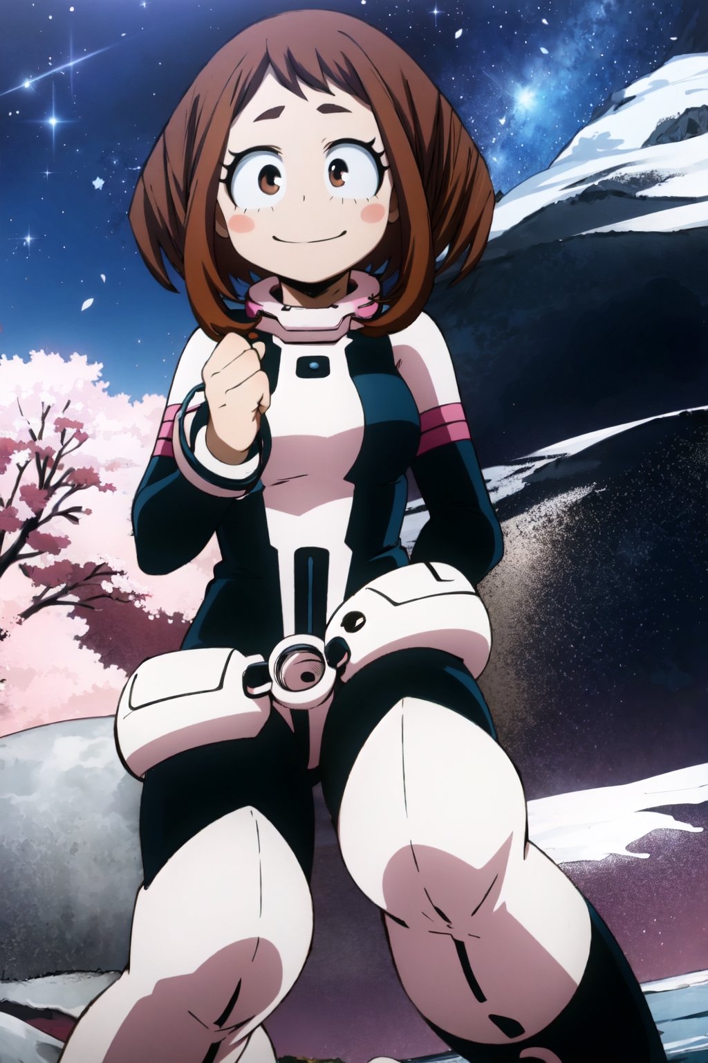 solo, ochako, black bodysuit, superhero, knee boots, full body, smile, blush stickers, belt, landscape, natural_background, starry_night, mountains,ochaco_uraraka