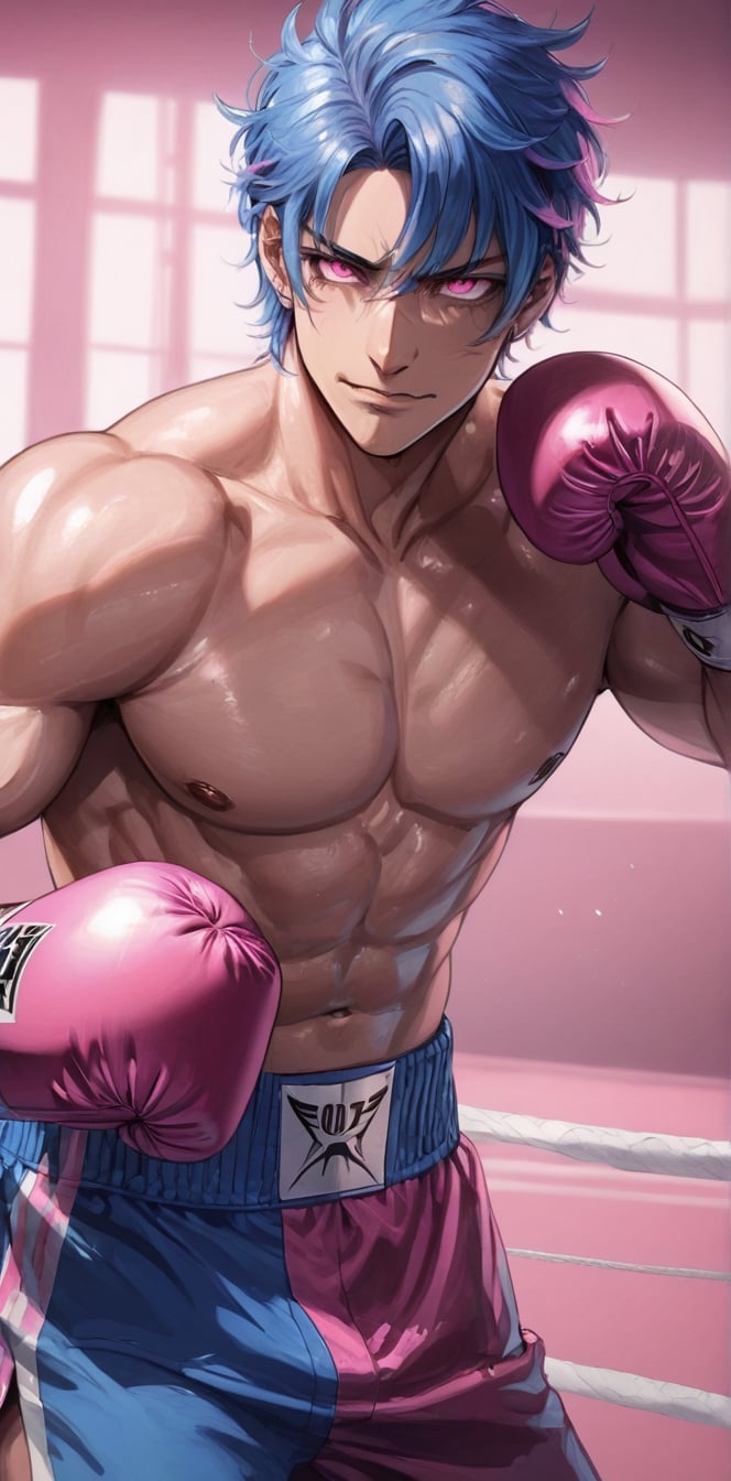 1 man with lethargic sleepy smokey eyes,((slit pupil pink eyes)),(blue hair),muscular body,boxing.smirk