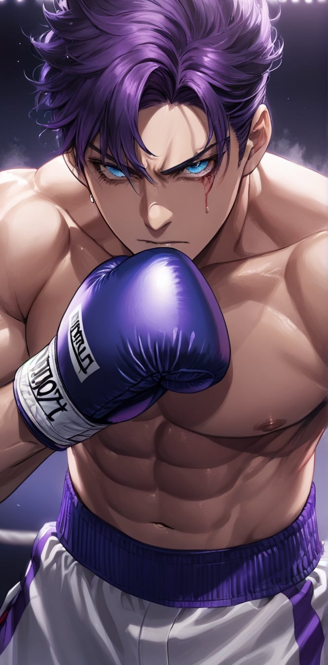 1 man with lethargic sleepy smokey eyes,((slit pupil blue eyes)),(dark purple hair),muscular body,boxing.nose bleed