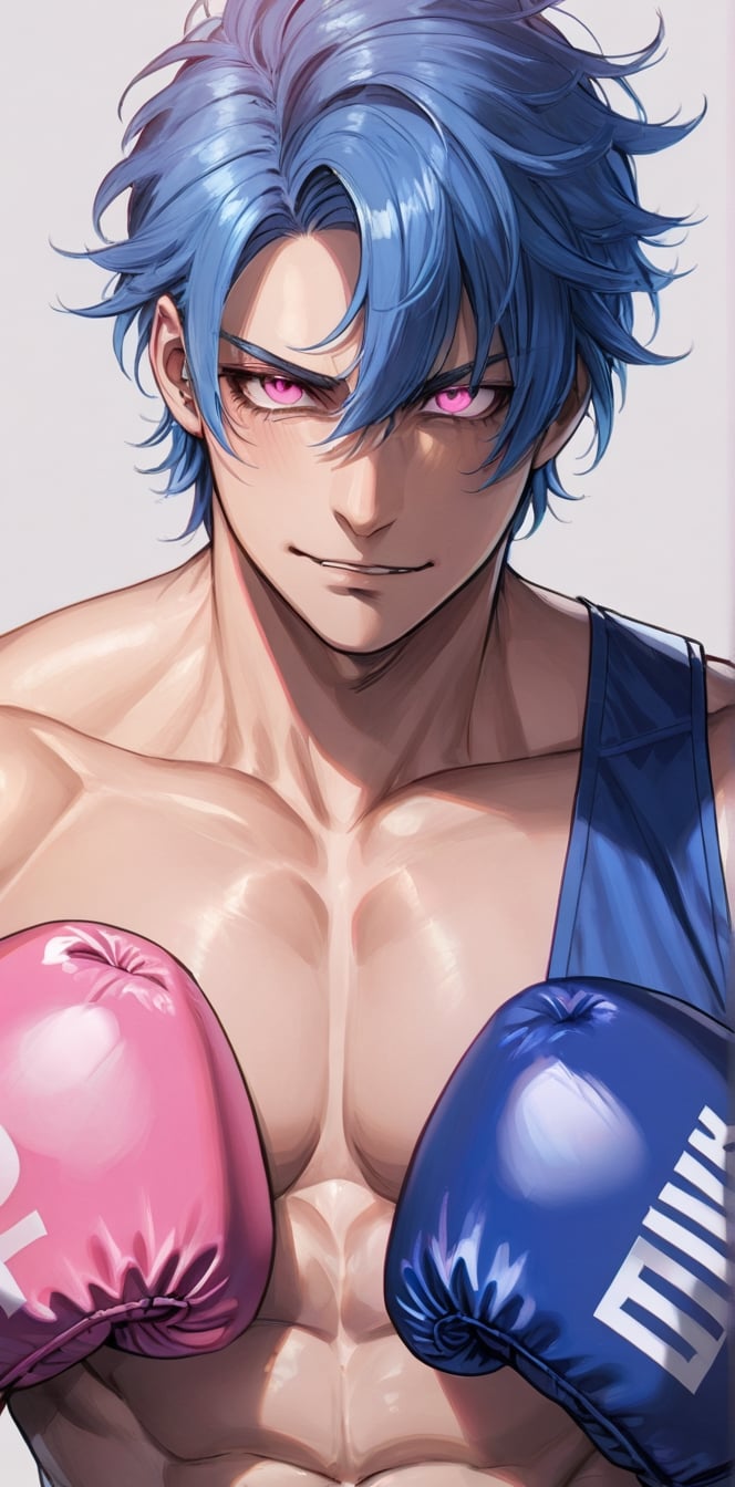 1 man with lethargic sleepy smokey eyes,((slit pupil pink eyes)),(blue hair),muscular body,boxing.smirk