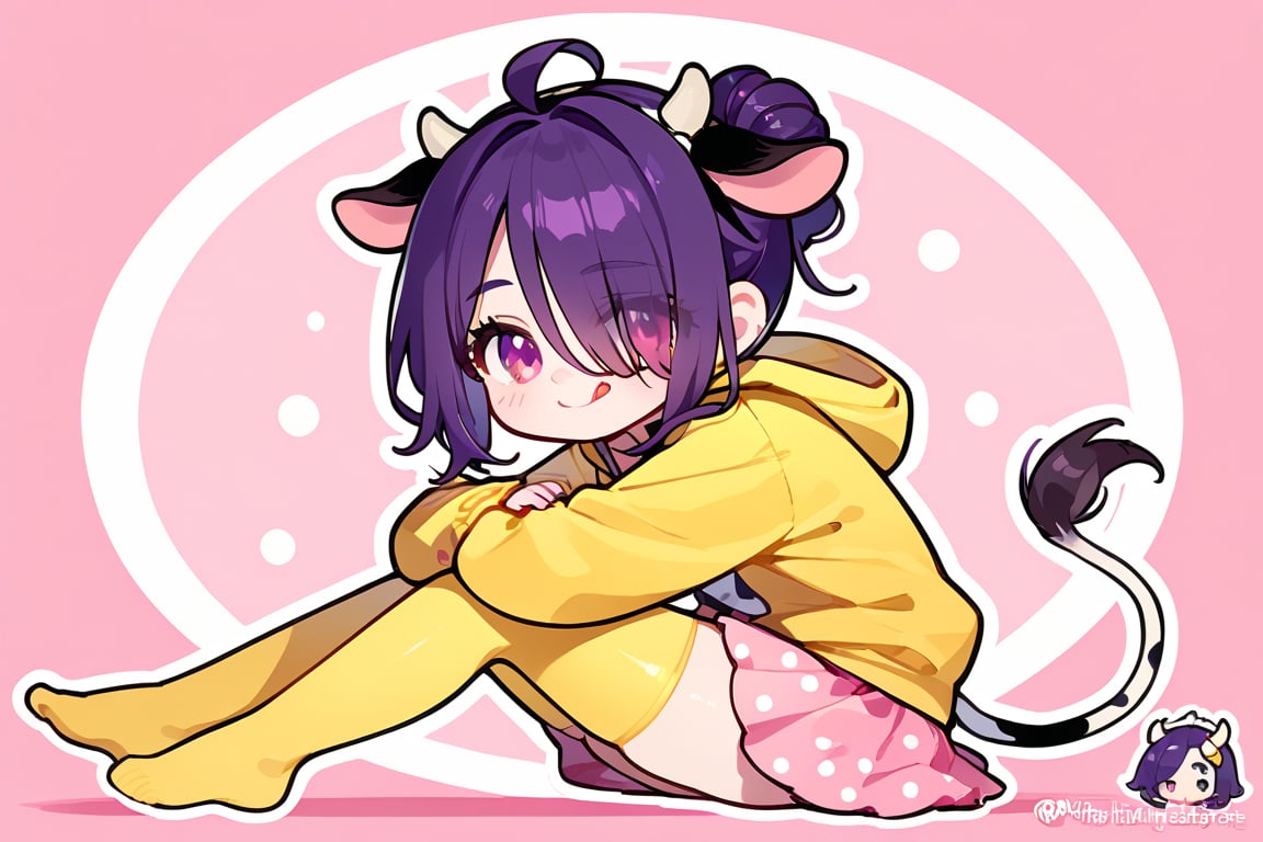 1girl, solo, looking at viewer, blush, smile, HAIR BUN,AHOGE, HAIR OVER ONE EYE,TONGUE OUT, PINK eyes, skirt, thighhighs, long sleeves, WHITE COW ears, FETAL POSITION, tail, DARK PURPLE hair, :d, hood, bag, YELLOW thighhighs,WHITE COW tail, fluff, hoodie, PINK skirt, hood down, polka dot, COW girl, YELLOW hoodie,CHIBI,EYE VISIBLE THROUGH HAIR,MOLE UNDER EYES