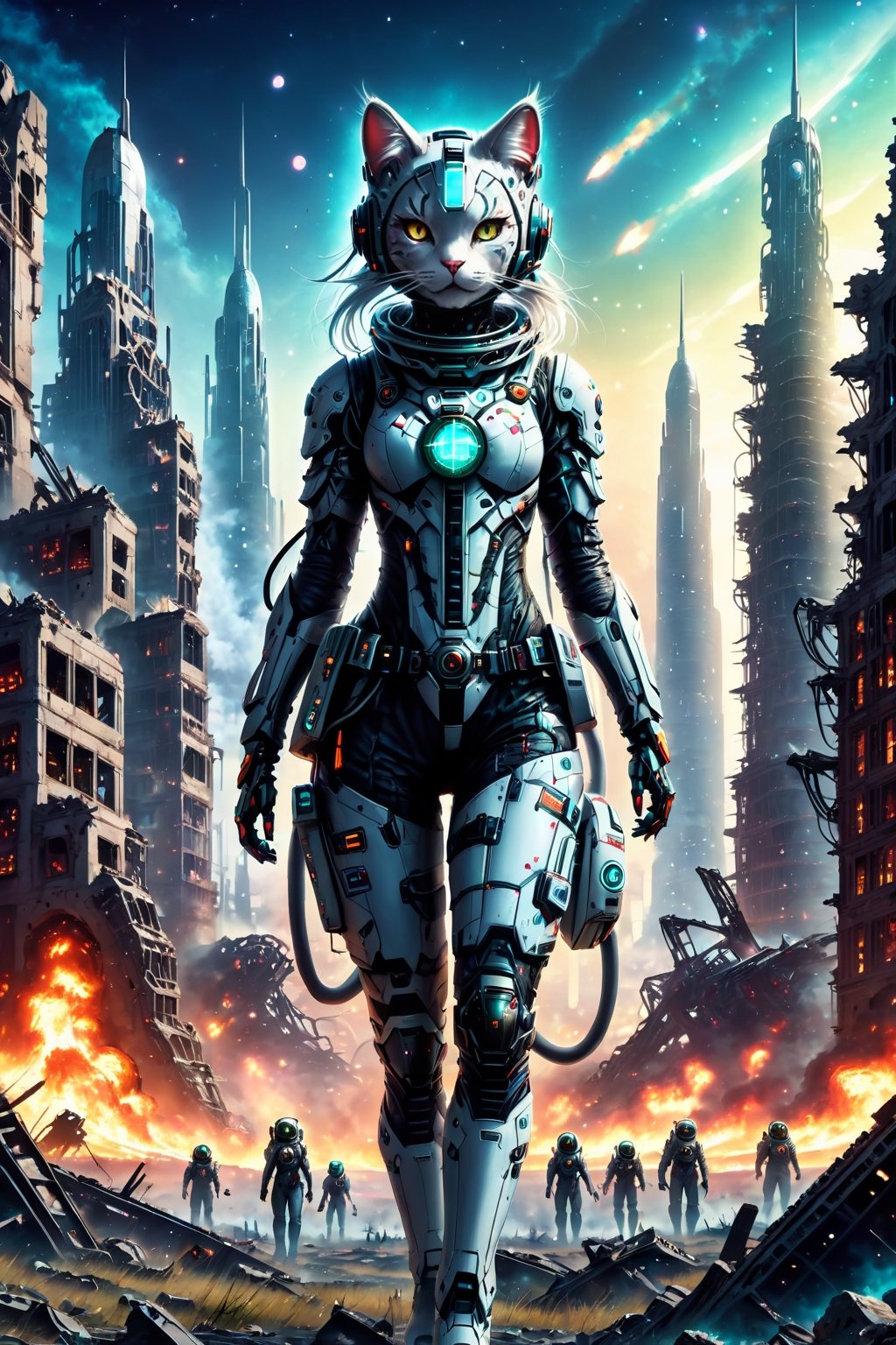 the catgirl astronaut stands in the middle of a deserted field surrounded by cities of the hi-tech bio future, an world of high technology, huge biopunk monsters are running far from the astronaut, burning spheres are lie on ground, night, deep space debris, the ruins of the hi-tech apocalypse, monster, biopunk style, cinematic