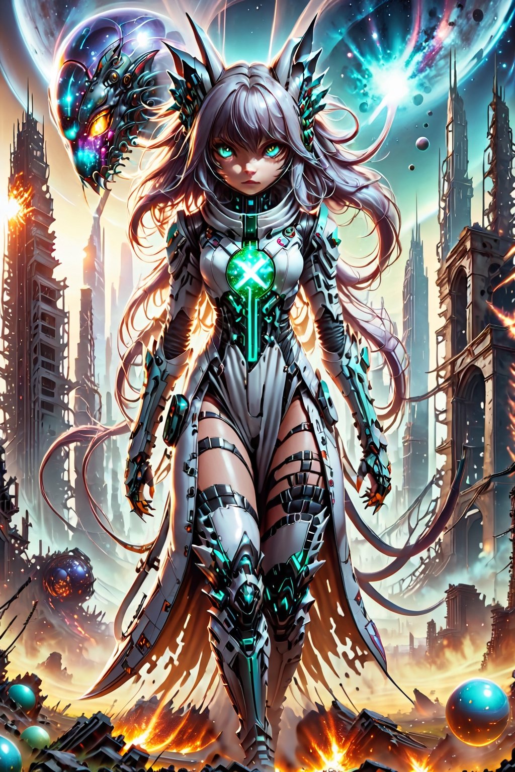 the catgirl astronaut stands in the middle of a deserted field surrounded by cities of the hi-tech bio future, an world of high technology, huge biopunk monsters are running far from the astronaut, burning spheres are lie on ground, night, deep space debris, the ruins of the hi-tech apocalypse, monster, biopunk style, cinematic