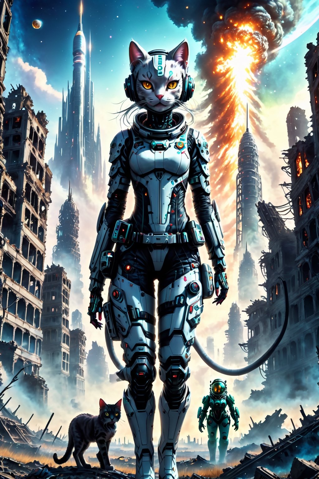 the catgirl astronaut stands in the middle of a deserted field surrounded by cities of the hi-tech bio future, an world of high technology, huge biopunk monsters are running far from the astronaut, burning spheres are lie on ground, night, deep space debris, the ruins of the hi-tech apocalypse, monster, biopunk style, cinematic