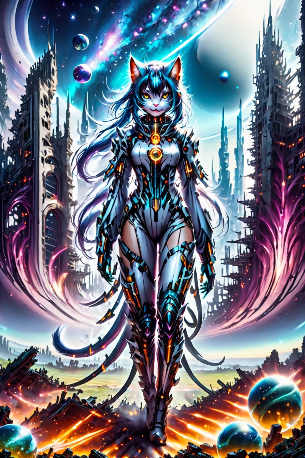 the catgirl astronaut stands in the middle of a deserted field surrounded by cities of the hi-tech bio future, an world of high technology, huge biopunk monsters are running far from the astronaut, burning spheres are lie on ground, night, deep space debris, the ruins of the hi-tech apocalypse, monster, biopunk style, cinematic