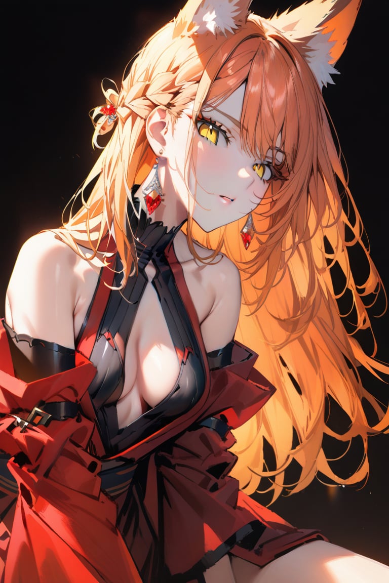 masterpiece, best quality, aesthetic, 4K, high resolution, 

1girl, adult, perfect anatomy, fox girl, fox ears, small breasts, red straight hair, braid hair, yellow eyes, slit pupils, 

parted lips, gorgeous lips,

red and black kimono, open shirt, gem earrings, detached sleeves, silk, sideboob, cleavage, cutout boobs, bare shoulders, bare legs,

looking at viewer, upper body, portrait, 

simple background, black background,