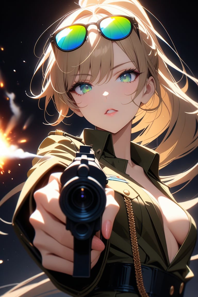 masterpiece, best quality, aesthetic, 4K, high resolution, sketch, flat colors, 

1girl, adult, perfect anatomy, chesnut hair, green eyes, small breasts, ponytail,

parted lips, gorgeous lips,

green kaki military clothes, cigarette, eyewear on head, sunglasses, blood on clothes, gun, holding gun, 

aiming at viewer, firing shot, shooting, she is smoking,

looking at viewer, portrait,

simple background, black background,