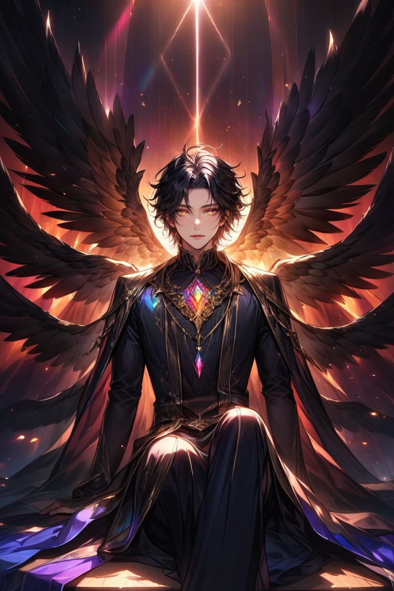 The majestic King of Dark Deities, sits regally against a darkened backdrop. His striking features are illuminated by an otherworldly glow emanating from his radiant rainbow-irised eyes. His short, jet-black hair is styled in a sleek, mysterious manner, framing his chiseled face. A pair of magnificent black wings sprout from his back, as if ready to take flight at any moment. A radiant rainbow diamond pendant glimmers at his throat, illuminating the shadows. The pose exudes quiet confidence and dark majesty.