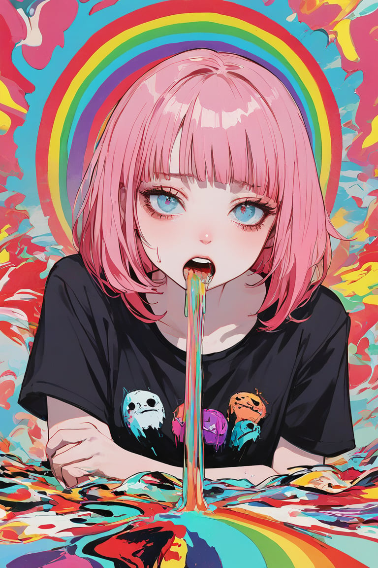 1 girl, pale skin, black and pink hair, she is vomiting  rainbow puke, open mouth, vomit,  abstract background, pop art style, Ground Mine,  emo