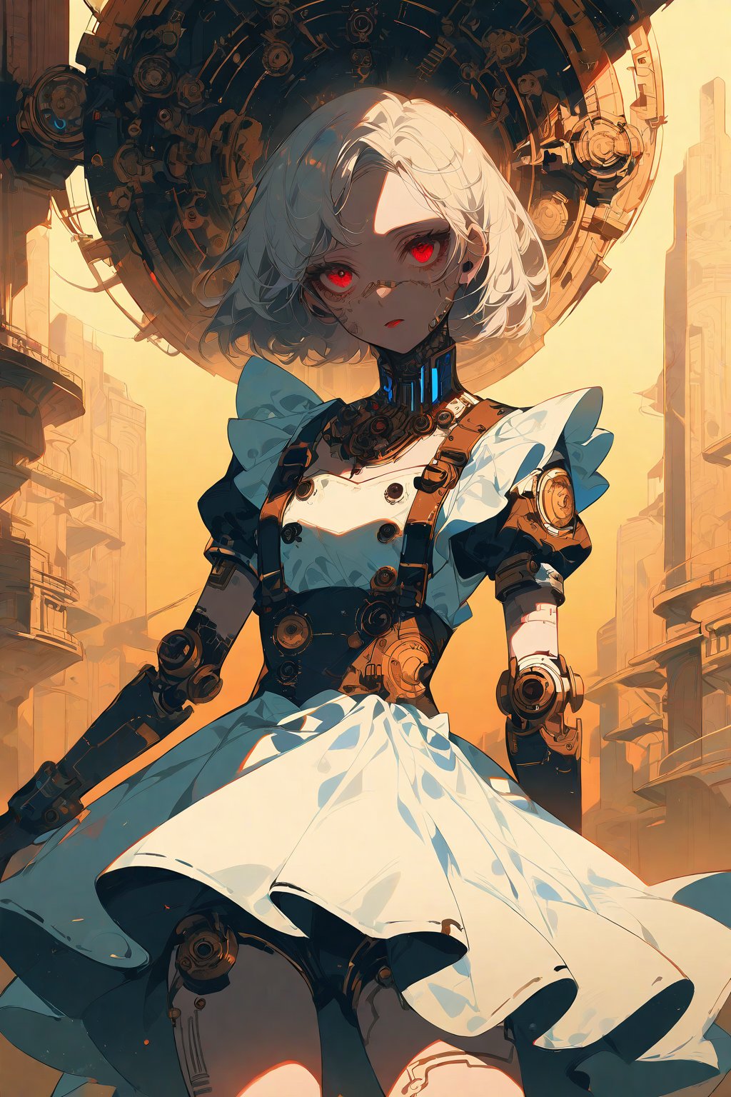 1girl, clockwork girl, porcelain skin, ball joints, maid dress, white hair, red eyes, clockwork city, clockpunk, emo, dramatic lighting, golden hour,  cowboy shot, charcoal \(medium\)