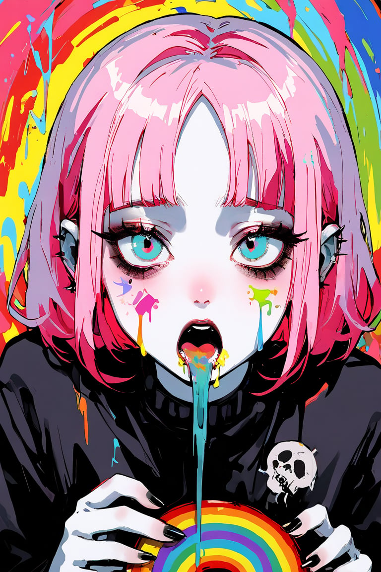 1 girl, pale skin, black and pink hair, sickly complexion,  she is vomiting  rainbow puke, open mouth, vomit,  abstract, barfing, background, pop art style, Ground Mine,  emo, menhera kei, gothic vibes 