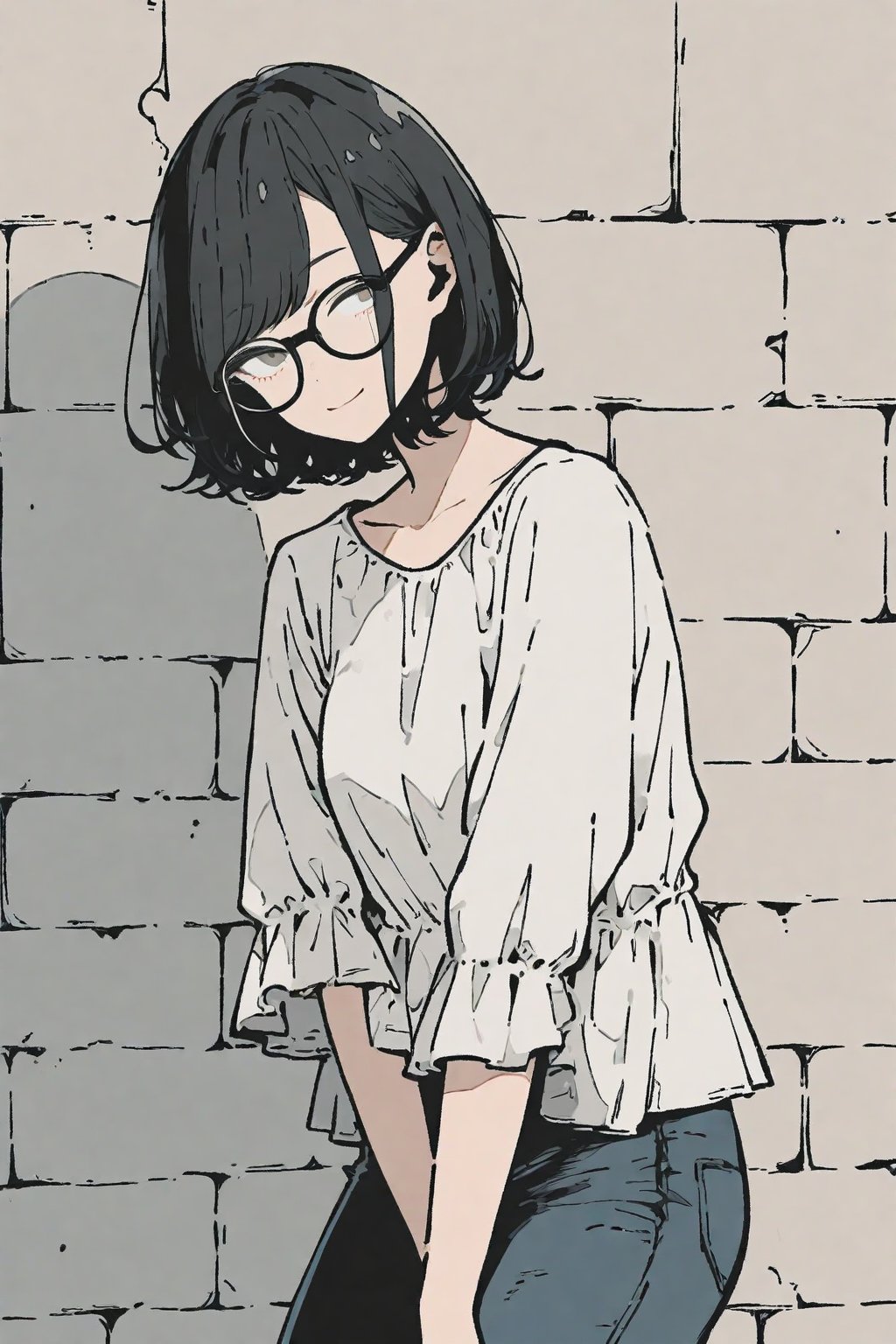 1girl, glasses, short hair, black hair, flowing  white blouse, jeans, standing, leaning against wall, smiling, looking at viewer,  slender body, upper body,  brick wall, txznf,flat style,txznflat