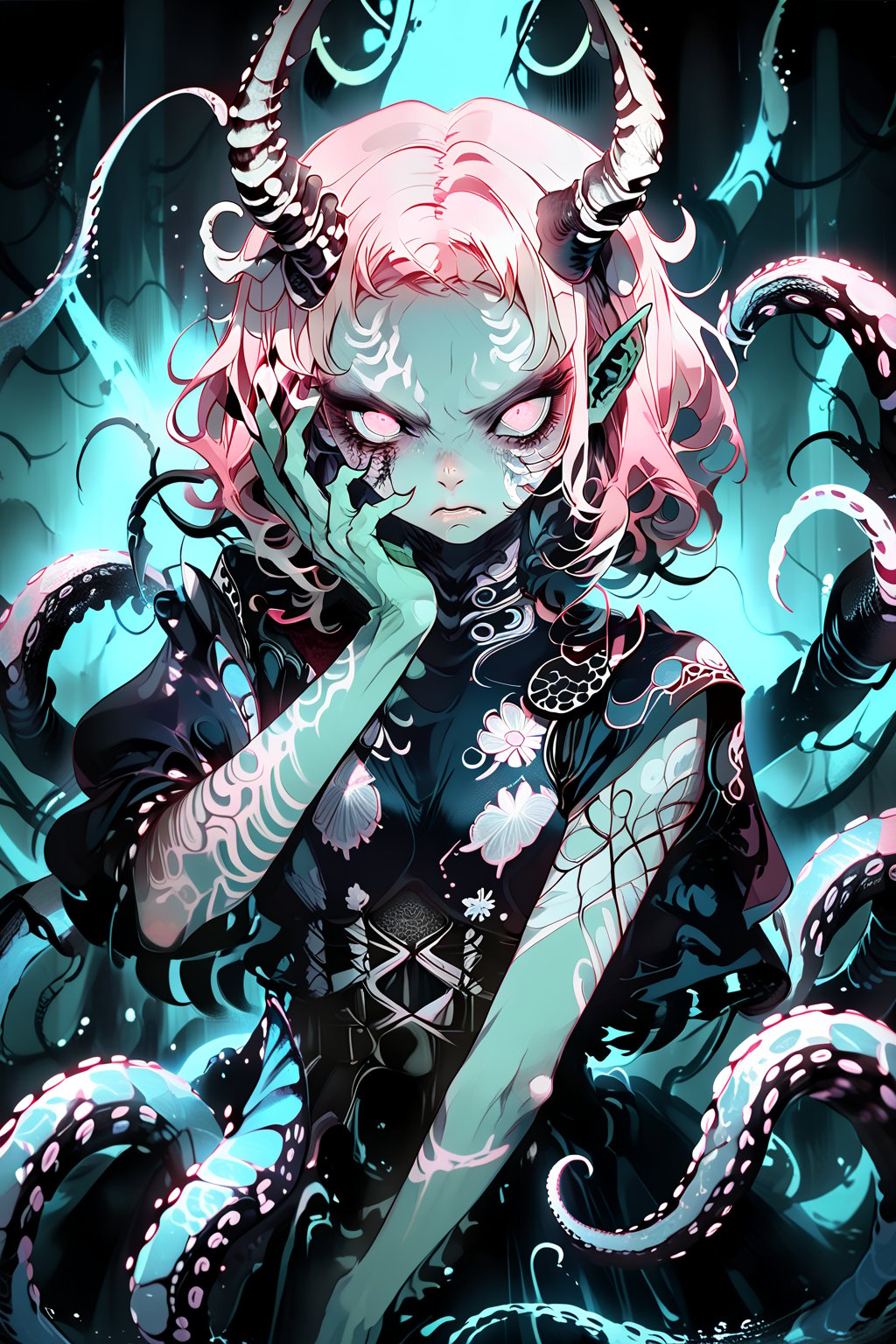 1girl, mutant, green skin, glowing pink hair, scales,  tendrils, bioluminescence, angry expression, glowing tentacles, gills, looking at viewer, alien forest, sci-fi, emo, dramatic lighting, cowboy shot, 