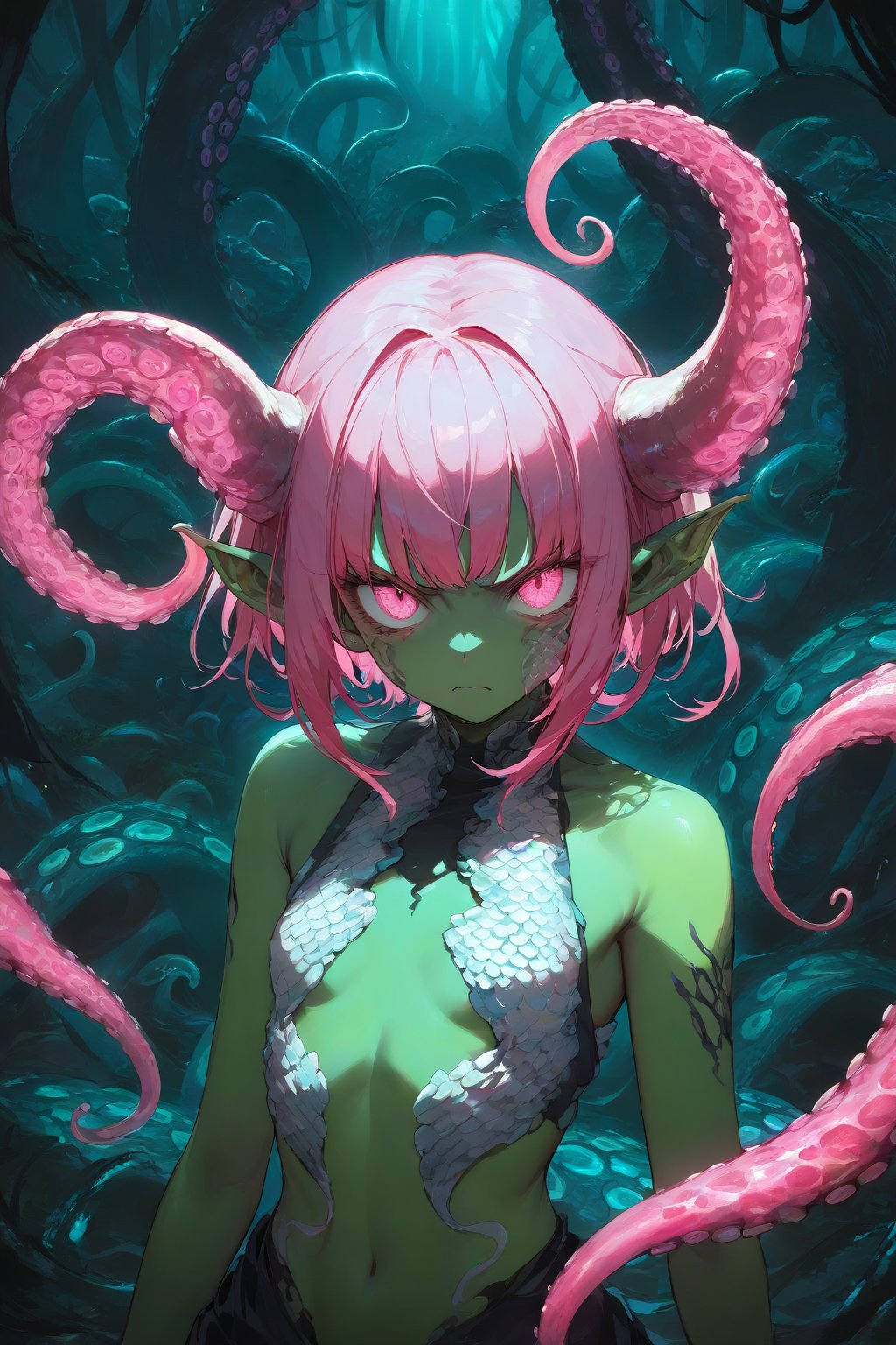 1girl, mutant, green skin, glowing pink hair, scales,  tendrils, bioluminescence, angry expression, glowing tentacles, gills, looking at viewer, alien forest, sci-fi, emo, dramatic lighting, cowboy shot, 