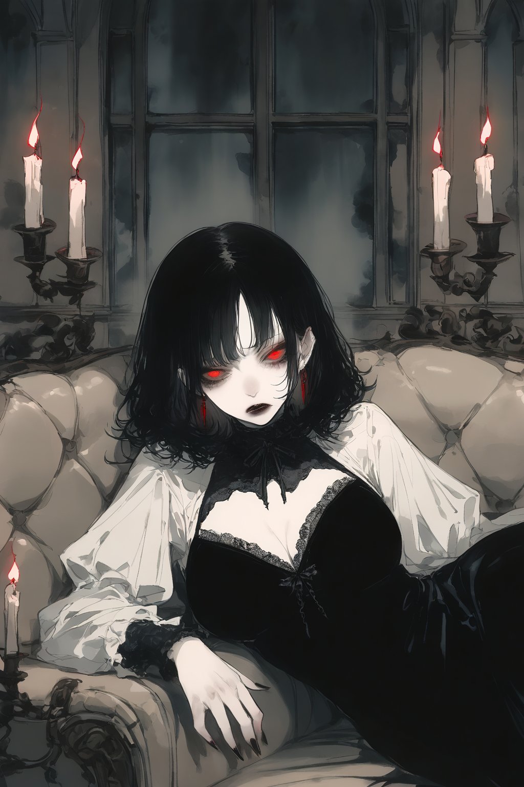 1girl, mature_female, vampire, black hair, glowing red eyes, curvy body, black dress,  looking at viewer, aloof expression, lying, on side, sofa, indoors, manor, fantasy setting,  dramatic lighting, candles, emo, dim lighting, gritty, gothic vibes, style of Junji Ito, upper body, emo, dark muted color scheme, moody,watercolor \(medium\)