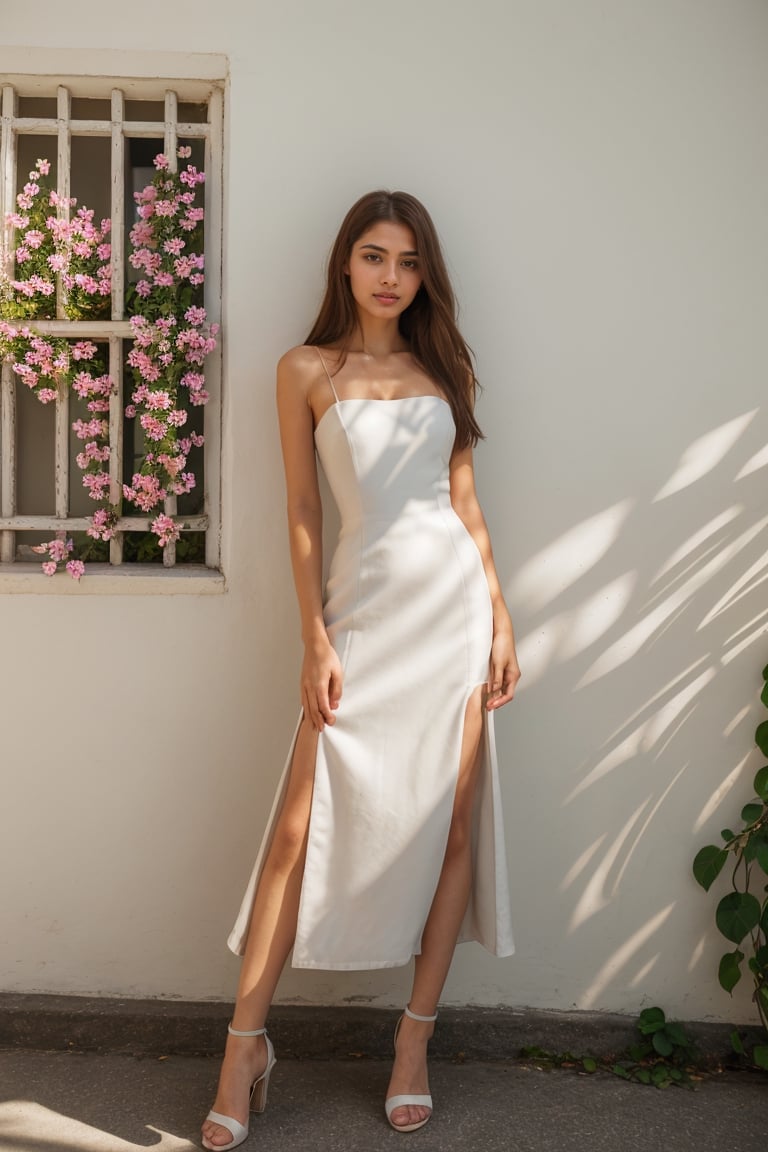 HDR photo of woman, she is skinny, wearing white gown frock, standing and posing for pics behind a flowery wall at the street , sunkissed,holding a flower bunch in hand, seductively looking at the viewer . Long exposure, full body pic, clicked from far distance, High dynamic range, vivid, rich details, clear shadows and highlights, realistic, intense, highly detailed.