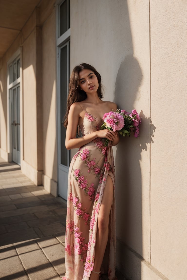 HDR photo of woman, she is skinny, wearing gown frock, standing and posing for pics behind a flowery wall at the street , sunkissed,holding a flower bunch in hand, seductively looking at the viewer . Long exposure, full body pic, clicked from far distance, High dynamic range, vivid, rich details, clear shadows and highlights, realistic, intense, highly detailed.