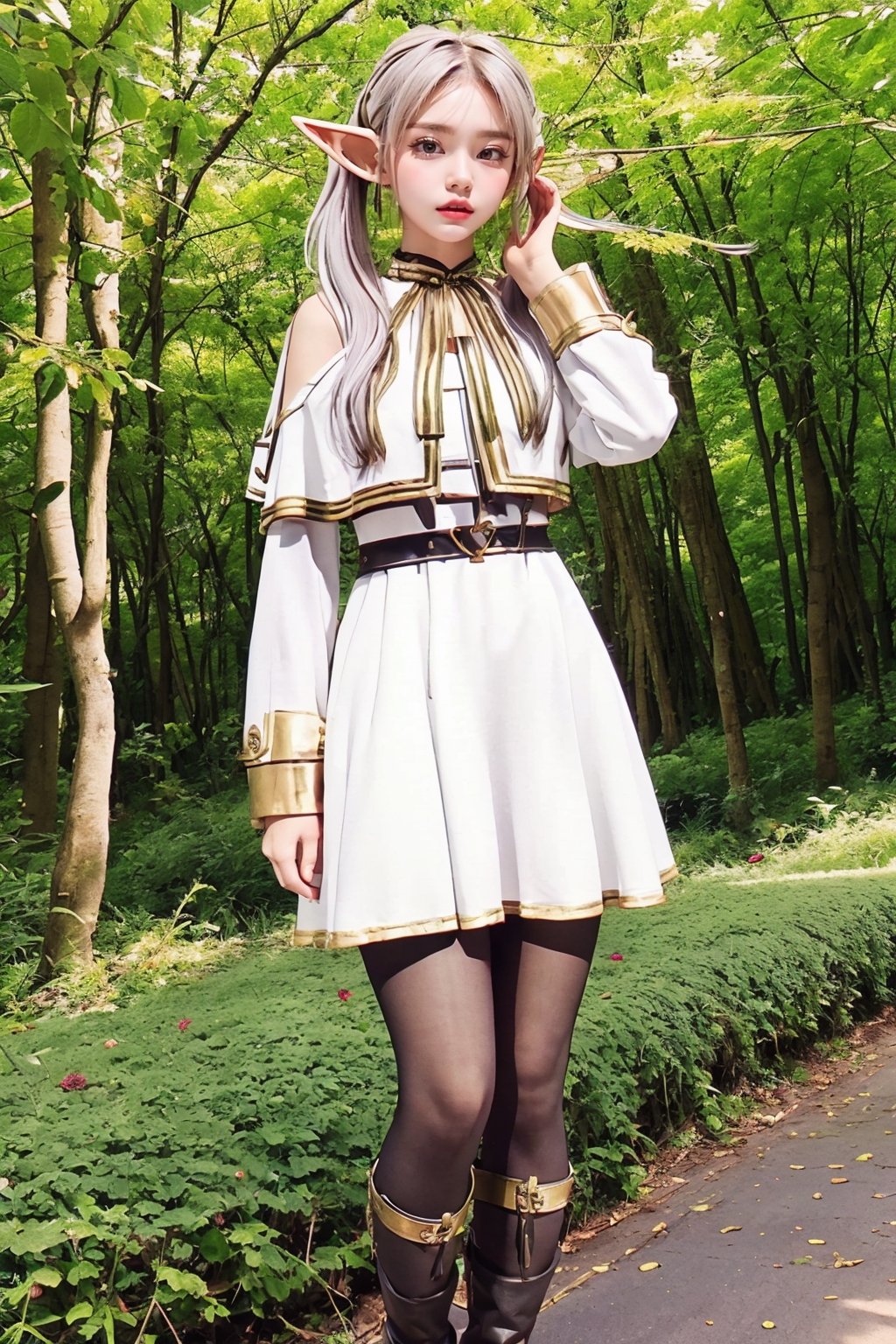 (frieren), elf, black leggings, brown boots,looking at viewer, standing, woods, capelet in white color with golden striped at edges, white dress also with golden striped at edge
photography, kodar 100, award photo