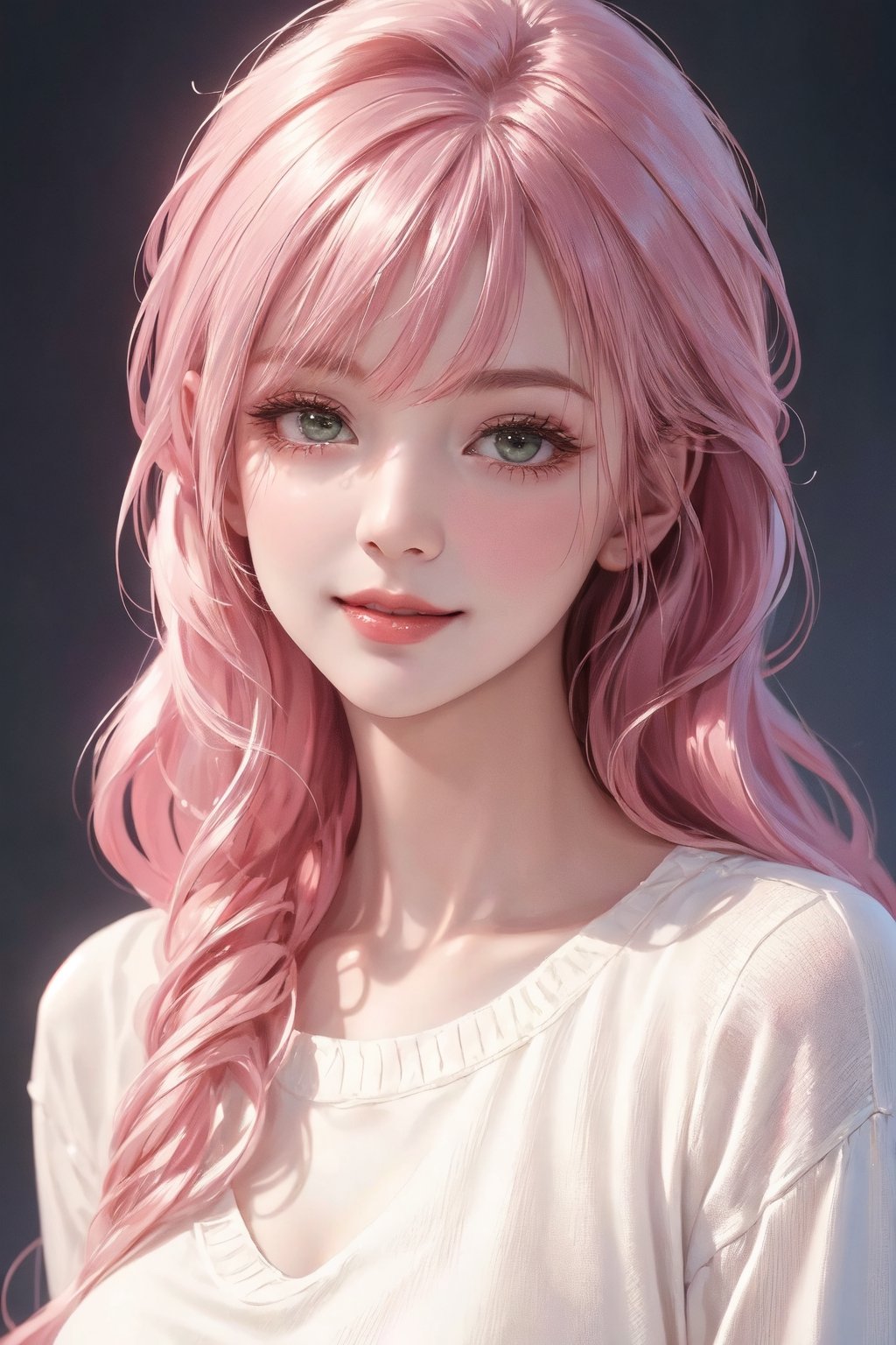 (((realistic))), Best picture quality, high resolution, 8k, realistic, sharp focus, realistic image of elegant lady, supermodel, Girl with spiral hair, pink hair, long bangs, thick sweater, green eyes, Smirk, (high quality:1.0) (white background:0.8), detailed face, (blush:0.8), 1 girl,Young beauty spirit, ZGirl, perfect light, Detailedface,1 girl, big eyes, eye shadow ,SharpEyess, 
,perfecteyes eyes ,Smirk,Detailedface, perfect light,ZGirl,photo of perfecteyes eyes, tight lace dress